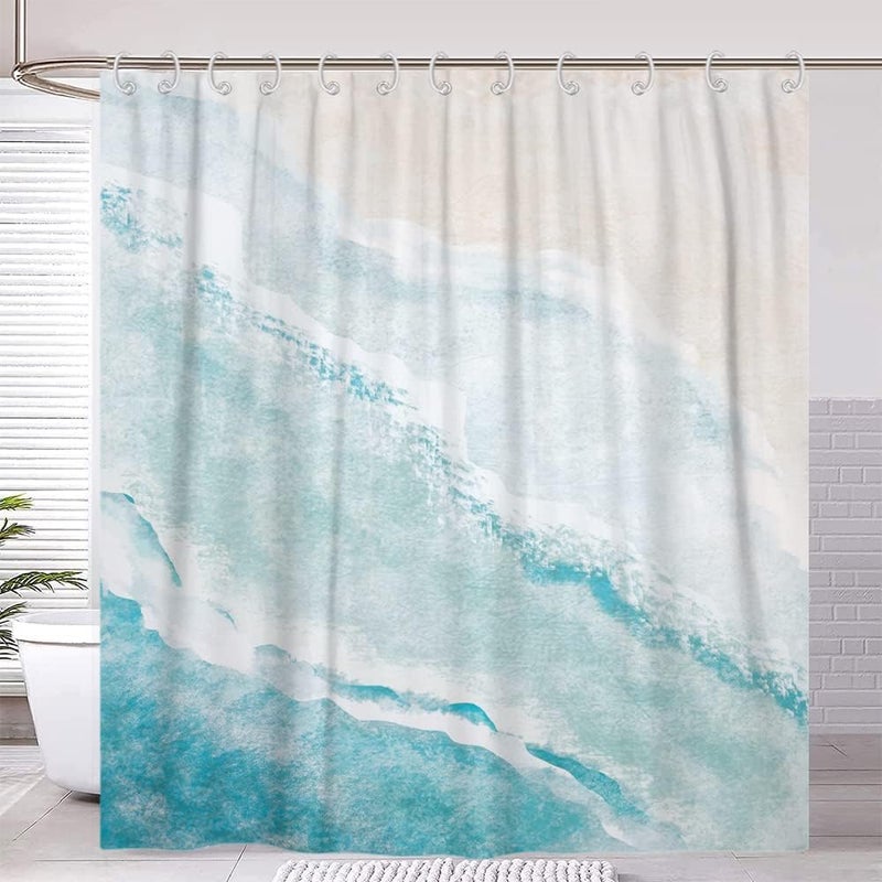 GCIREC Beach Shower Curtain  Teal Blue Coastal Ocean Beach Theme Bathroom Curtain Waterproof Fabric Machine Washable with Hooks 72"" Wx72 L - Image 2